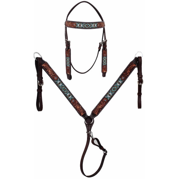 Horse Show Bridle Western Leather Western Antique Floral Tooled Leather Beaded Bridle Breast Collar Tack 79RS04B
