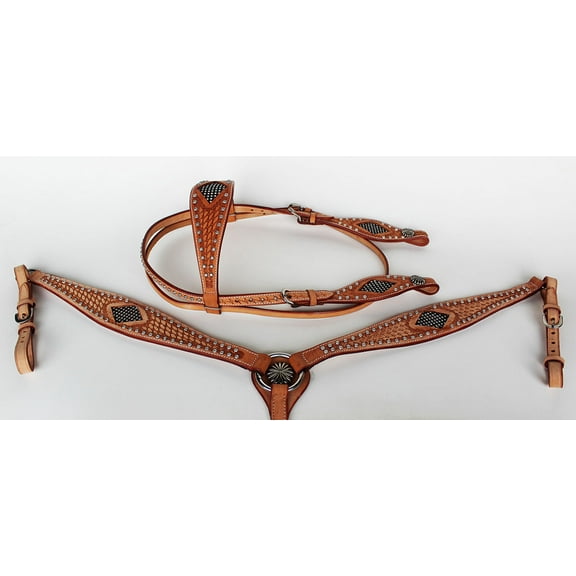 Horse Show Tack Bridle Western Leather Headstall Breast Collar Tooled Browband 8556B