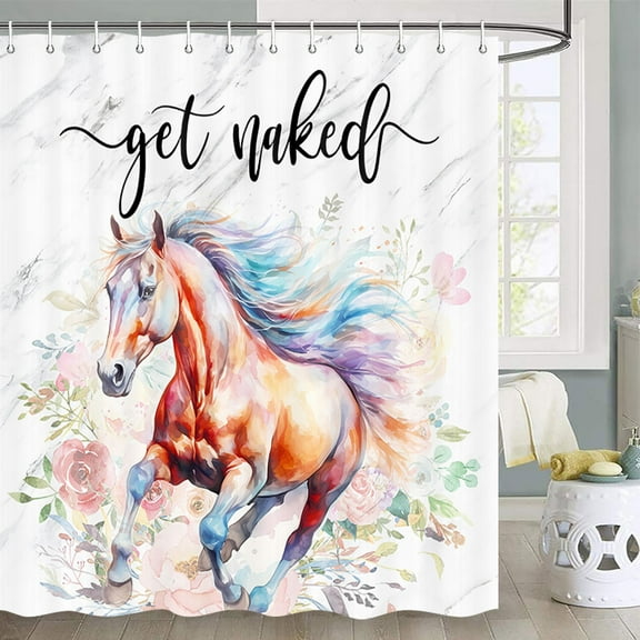 Horse Shower Curtain Funny Get Naked Shower Curtains Set Farmhouse Country Shower Curtain Western Horse Shower Curtain Watercolor Flower Horse Shower Curtain Fabric 72X72 Inch with Hooks