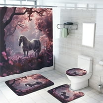 Horse Shower Curtain Set with Rugs Farm Animal Rustic Farmhouse Pink Floral Forest Bathroom Decor Bath Curtain with Rugs Toilet Lid Cover Bath Mat, 72x72 Inch