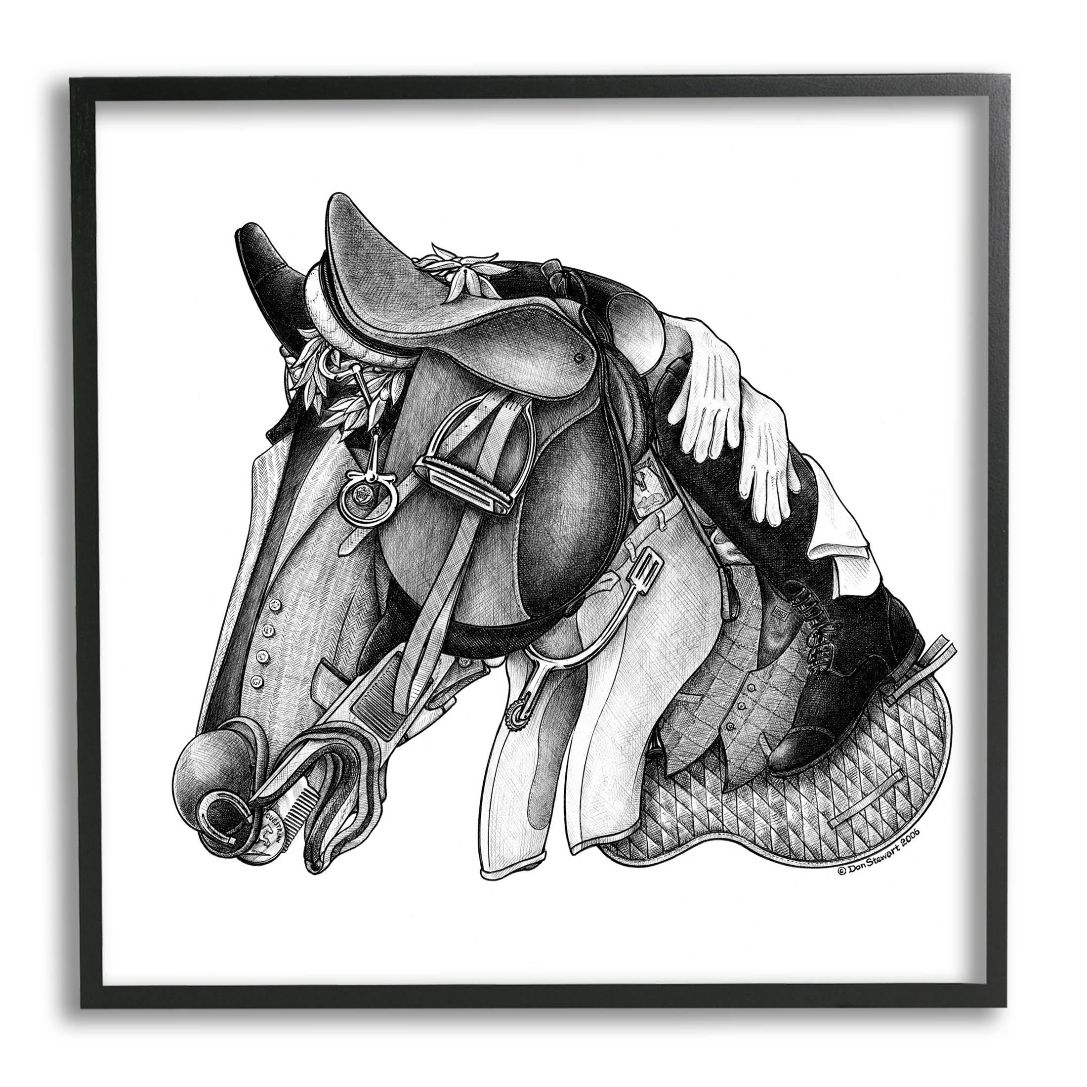 Horse Silhouette Vintage Jockey Equipment Animals & Insects Graphic Art Black Framed Art Print Wall Art