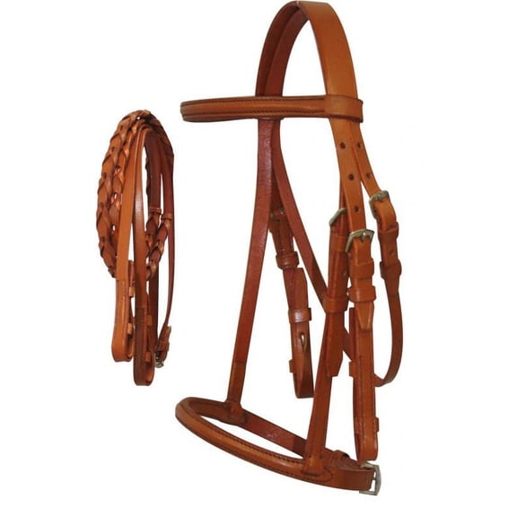Horse Size English Headstall w/ Raised Browband & Braided Leather Reins (Light)