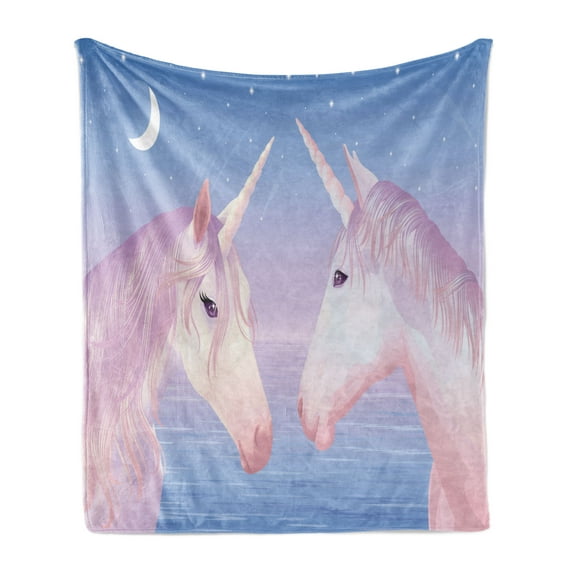 Horse Soft Flannel Fleece Throw Blanket, Akhal Teke Unicorns by the Sea Exchange Glances Under the New Moon and Stars, Cozy Plush for Indoor and Outdoor Use, 50" x 60", Lilac and Blush, by Ambesonne
