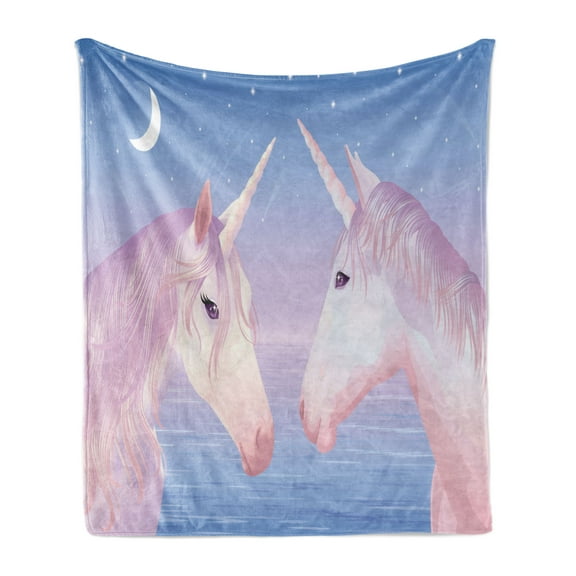 Horse Soft Flannel Fleece Throw Blanket, Akhal Teke Unicorns by the Sea Exchange Glances Under the New Moon and Stars, Cozy Plush for Indoor and Outdoor Use, 50" x 70", Lilac and Blush, by Ambesonne