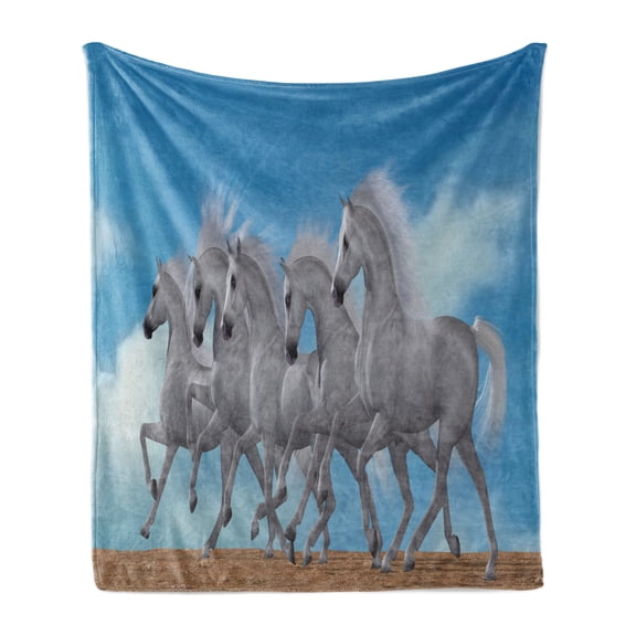 Horse Soft Flannel Fleece Throw Blanket, Digitally Generated Graphic of an Animal Herd Running Wildly Open Sky, Cozy Plush for Indoor and Outdoor Use, 50" x 60", Sky Blue Grey, by Ambesonne