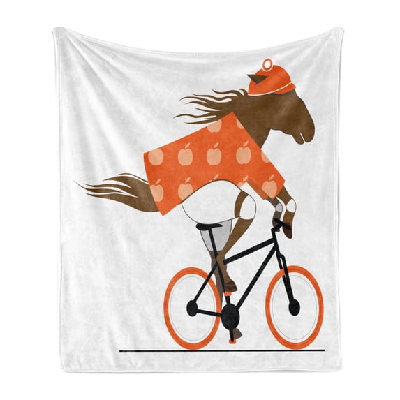 Horse Soft Flannel Fleece Throw Blanket, Illustration of Cyclist Horse Riding a Bicycle and Wearing Orange Outfits, Cozy Plush for Indoor and Outdoor Use, 70" x 90", Brown Orange Black, by Ambesonne