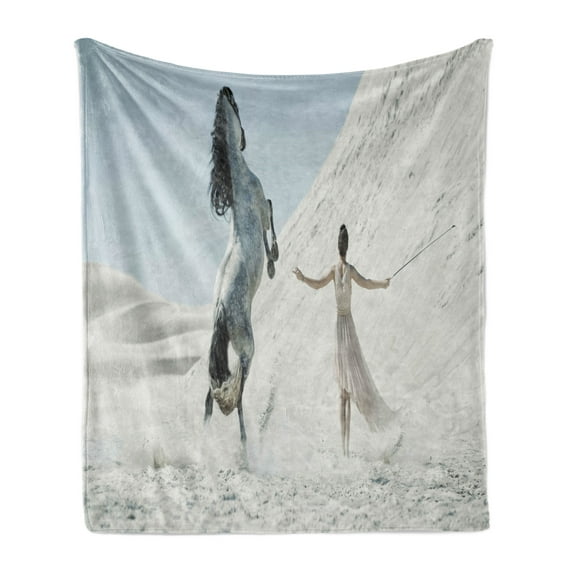 Horse Soft Flannel Fleece Throw Blanket, Lady with White Horse Rearing up on the Desert Mountains Mare, Cozy Plush for Indoor and Outdoor Use, 50" x 60", White Slate Blue, by Ambesonne