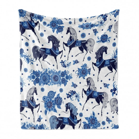 Horse Soft Flannel Fleece Throw Blanket, Monochrome Repetition of Horses and Flowers, Cozy Plush for Indoor and Outdoor Use, 50" x 70", Blue Dark Blue White, by Ambesonne