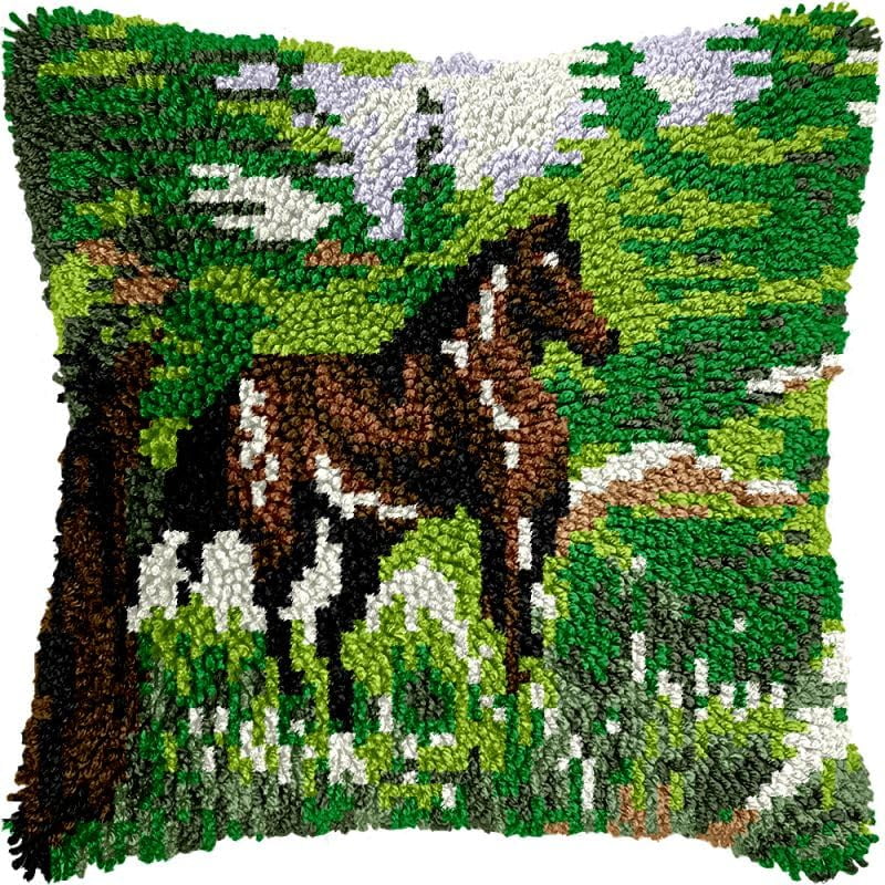 Horse in Spring Bushes Latch Hook Pillow Kits Cushion Pillowcase with Pattern Printed Canvas Sofa Hooking Pillows Crafts Embroidery Latch Hooking Crochet Kits 17x17 inch(168)