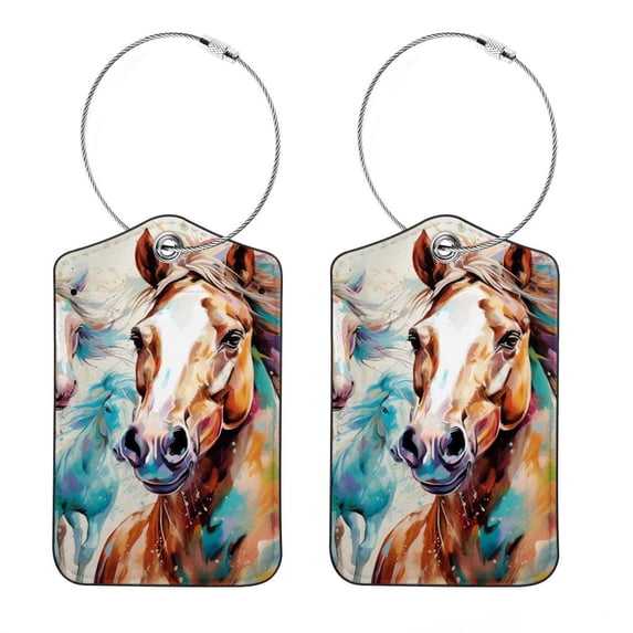 Horse Square PU Leather Luggage Tags, 2 Pack, with Privacy Cover and Stainless Steel Ring - Suitable for Travel, Backpack, Handbag - Bag Tags, Handbag Tags