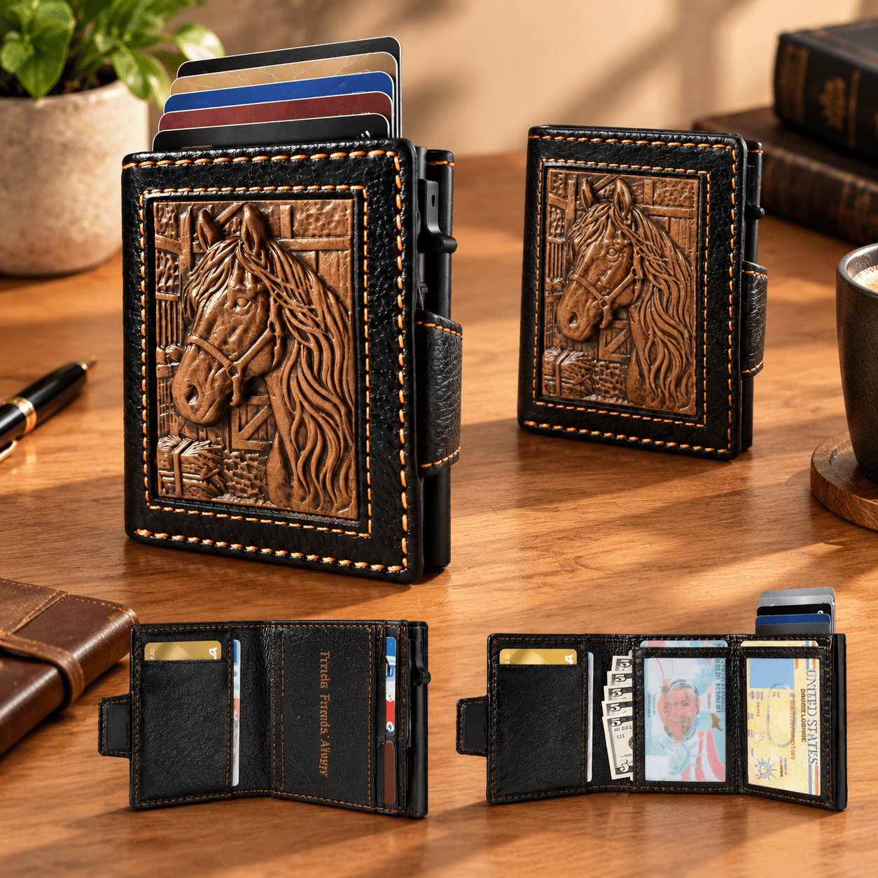 Pyjamas At Jet Horse Stable Embossed Leather Trifold Wallet, Jet Black, Pop-Up RFID ...