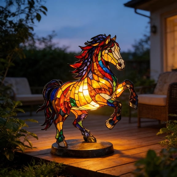 Horse Stained Glass Standing Night Light - Vintage Horse Night Light Home Decor,Bohemian Resin Decorative Bedside Lamp,Retro Painting Table Lamp Nightlight For Bedroom Decoration