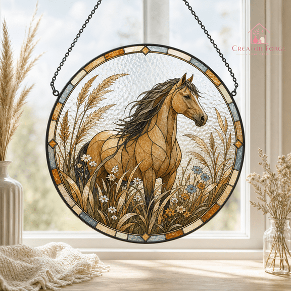 Horse Stained Glass Suncatcher Prairie Grass Window Hanging Gift for Horse Lovers
