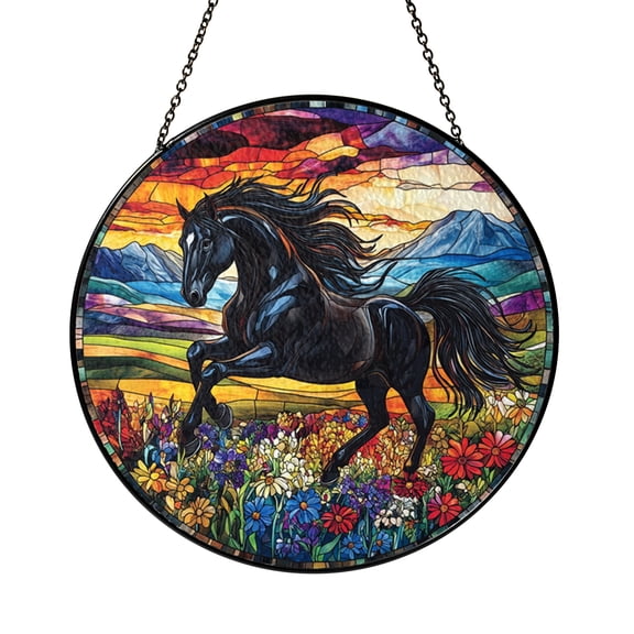 Horse Stained Glass Suncatcher – Three Running Horses Window Hanging for Rustic Decor