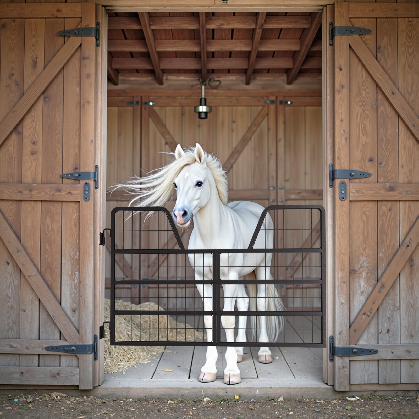 Horse Stall Gate with Rust-Proof Coating, 48" W x 32" H Secure Durable Farm Gate, Yoke & Round Corner Design for Horse Comfort & Safe, Essential Horse Stall Accessories (Black)