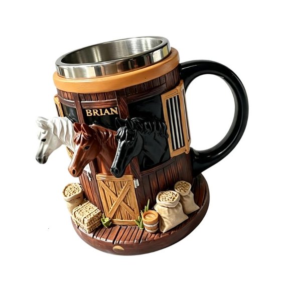 Horse Stein Cup with Broad Handle and Western Stable Scene Cup