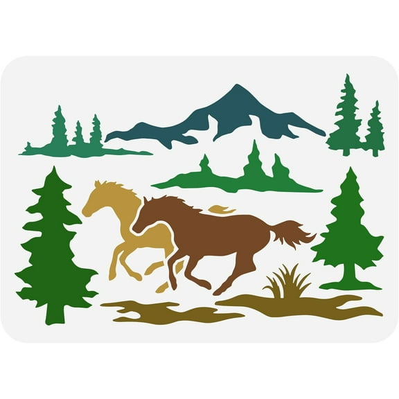 Horse Stencil 8.3x11.7inch Reusable Washable Drawing Template Galloping Horse Mountains Trees Painting Stencil for Home Furniture Wall Door Floor Decor White