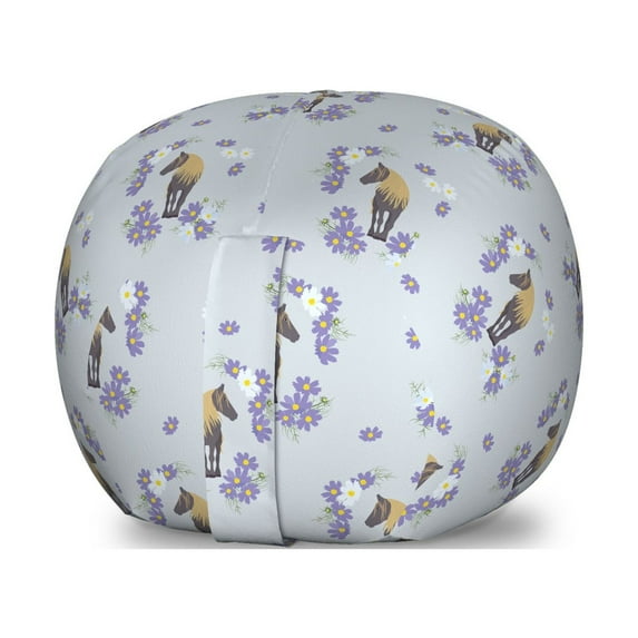 Horse Storage Toy Bag Chair, Animal Pattern Surrounded by Flower Details, Stuffed Animal Organizer Washable Bag, Small Size, Lavender Blue Tan, by Ambesonne