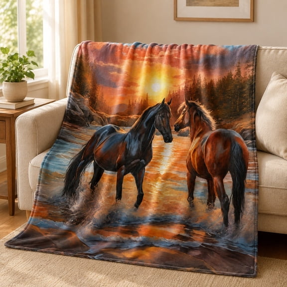Horse Sunset Fleece Throw Blanket, Soft 280 Gsm Polyester, Western Farmhouse Decor for Couch, Sofa & Bed