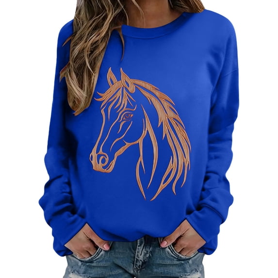 Horse Sweatshirts for Women Casual Crewneck Graphic Long Sleeve Horse Shirt Western Sweatshirt Riding Horse Lover Vintage Pullover Tops Loose Shirts Printing Embroidery Sweatshirt