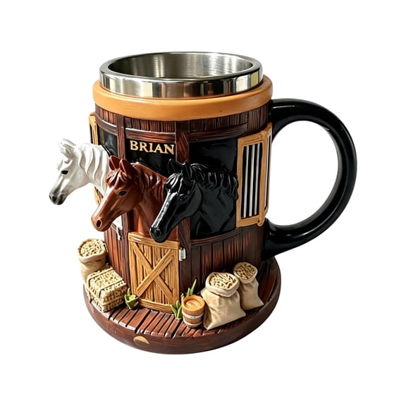 Horse Tankard Mug, Stainless Steel Liner, 3D Stable Relief, Large Handle, Western Decor Drinkware, Coffee Tea Cocoa Cup, Ranch Display
