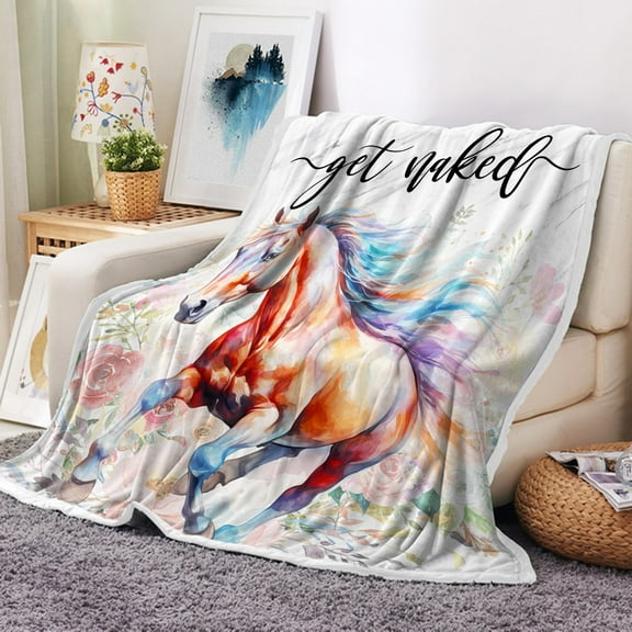 Horse Throw Blanket, Funny Get Naked Fleece Blanket Farmhouse Country Western Horse Throw Blanket Watercolor Flower Horse Flannel Fleece Blanket Bed Blanket All Season Throw Blanket (50"x60")