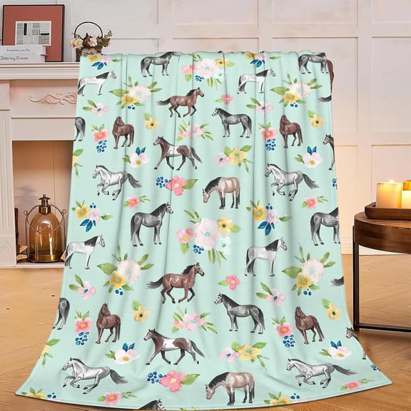 Horse Throw Blanket Super Soft Warm Floral Horse Blanket for Girls Kids, Cozy Plush Fleece Farm Animal Horse Gifts Bedding Blanket for Women Bed Couch Sofa 50"x60"