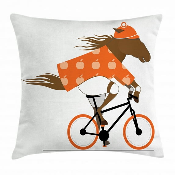 Horse Throw Pillow Cushion Cover, Illustration of Cyclist Horse Riding a Bicycle and Wearing Orange Outfits, Decorative Square Accent Pillow Case, 24 X 24 Inches, Brown Orange Black, by Ambesonne