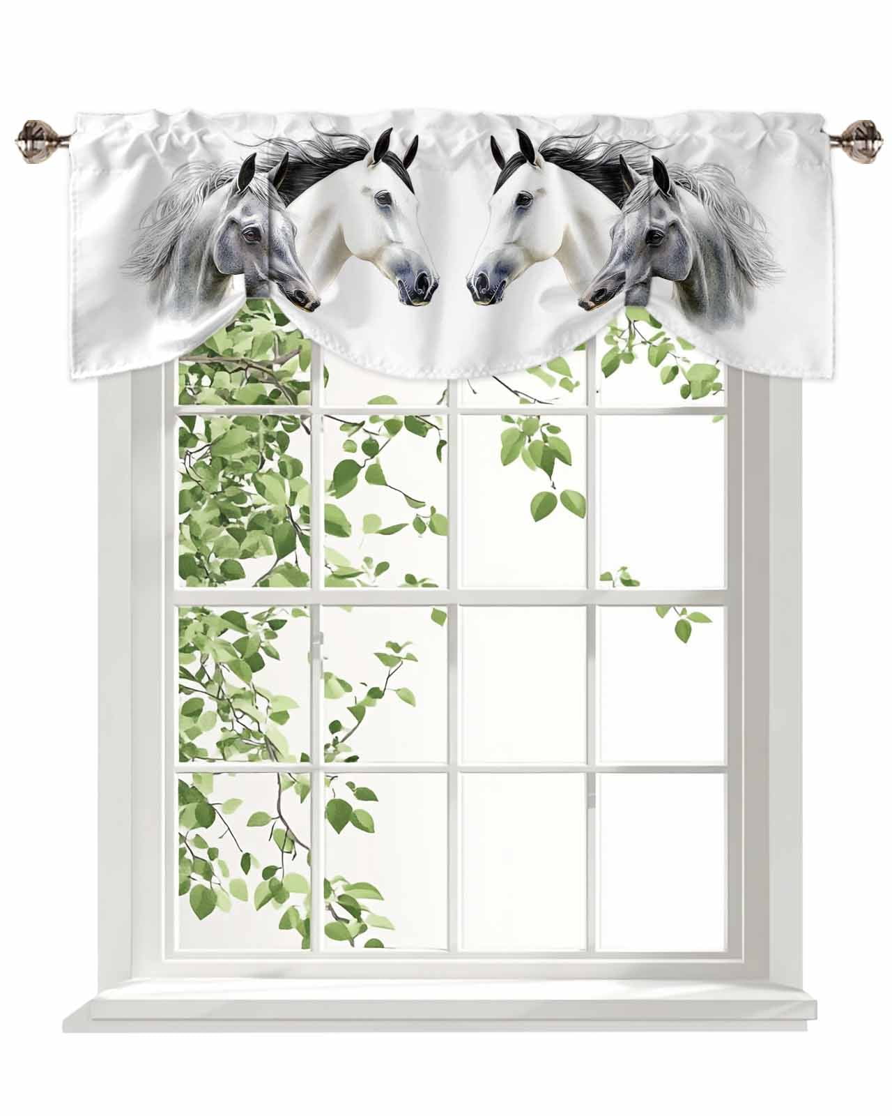 Horse Tie Up Valances Curtain, Watercolor Animal Kitchen Valances for Windows Decor, Rod Pocket Short Curtains Set for Bedroom/Bathroom, 60"x18"