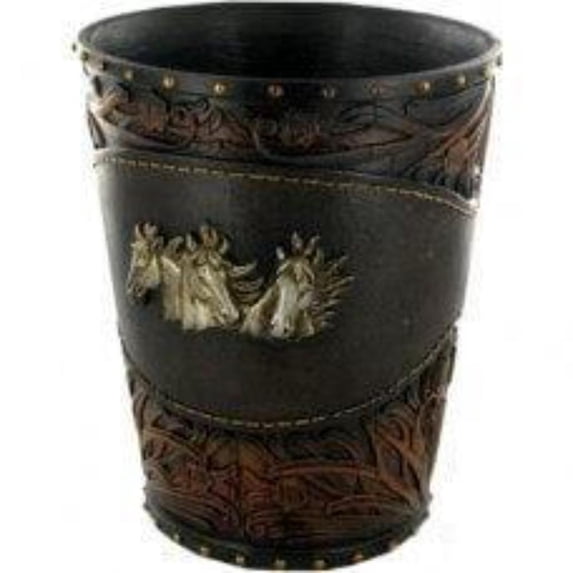 Horse Tooled Leather Waste Basket