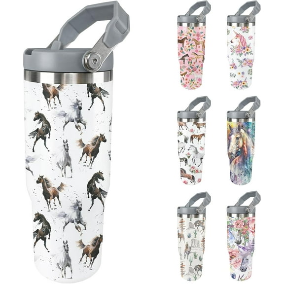 Horse Tumbler with Handle 30oz Stainless Steel Flip Straw Cup with Lid Insulated Horse Water Bottle Coffee Mug Gifts for Women Men Gift for Horse Lovers