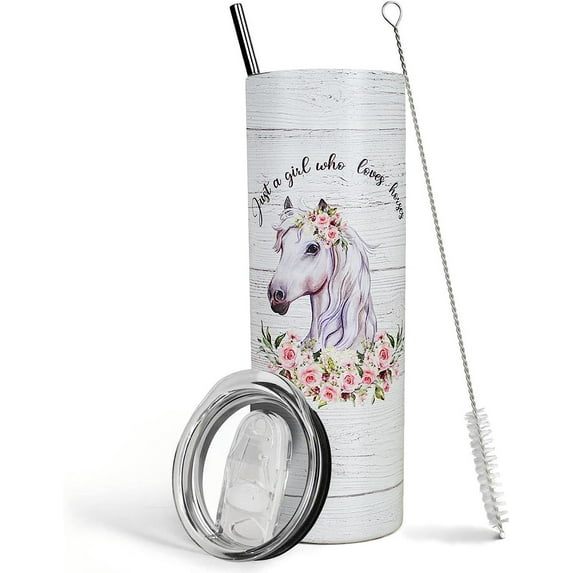 Horse Tumbler with Lid and Straw Just A Girl Who Loves Horses Gifts for Women 20 oz Floral Coffee Insulated Stainless Tumbler Horse and Flower Decor