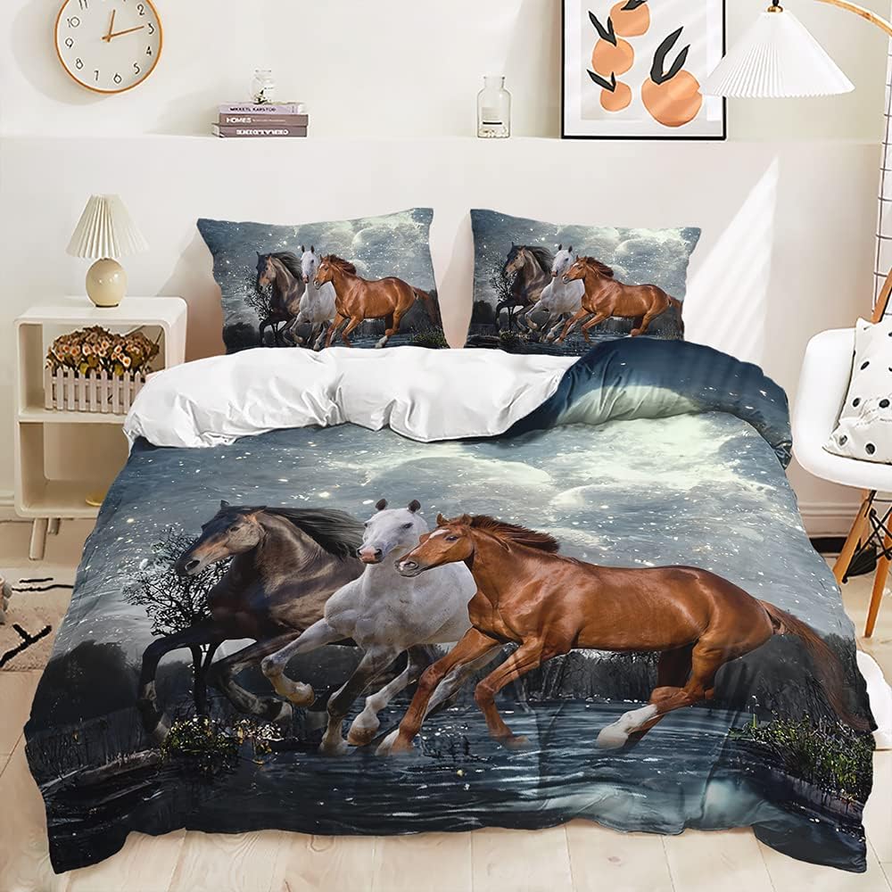 Horse Twin Duvet Cover Pink Sakura Comforter Cover Cherry Blossom Galloping Horses Toddler