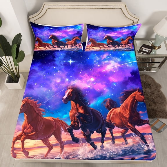 Horse Twin Sheets Glitter Stars Bed Sheets ,Psychedelic Galaxy Bedding Purple Space Universe Bed Cover Brown Galloping Horse Bed Set Animal Themed Home Decor
