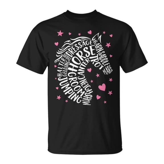 Horse Typography Word Art Tee – Girls’ Cotton Equestrian T-Shirt for Horseback Riding Enthusiasts and Young Riders, Size 2XL, Color Black