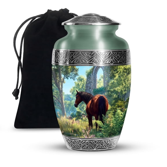 Horse Urns for Ashes Adult Male and Female 10 Inch - Blue Urns for Human Ashes Adult Man Cremains- Forest Cremation Urn for Mother and Father Remains - Burial Urn for Human