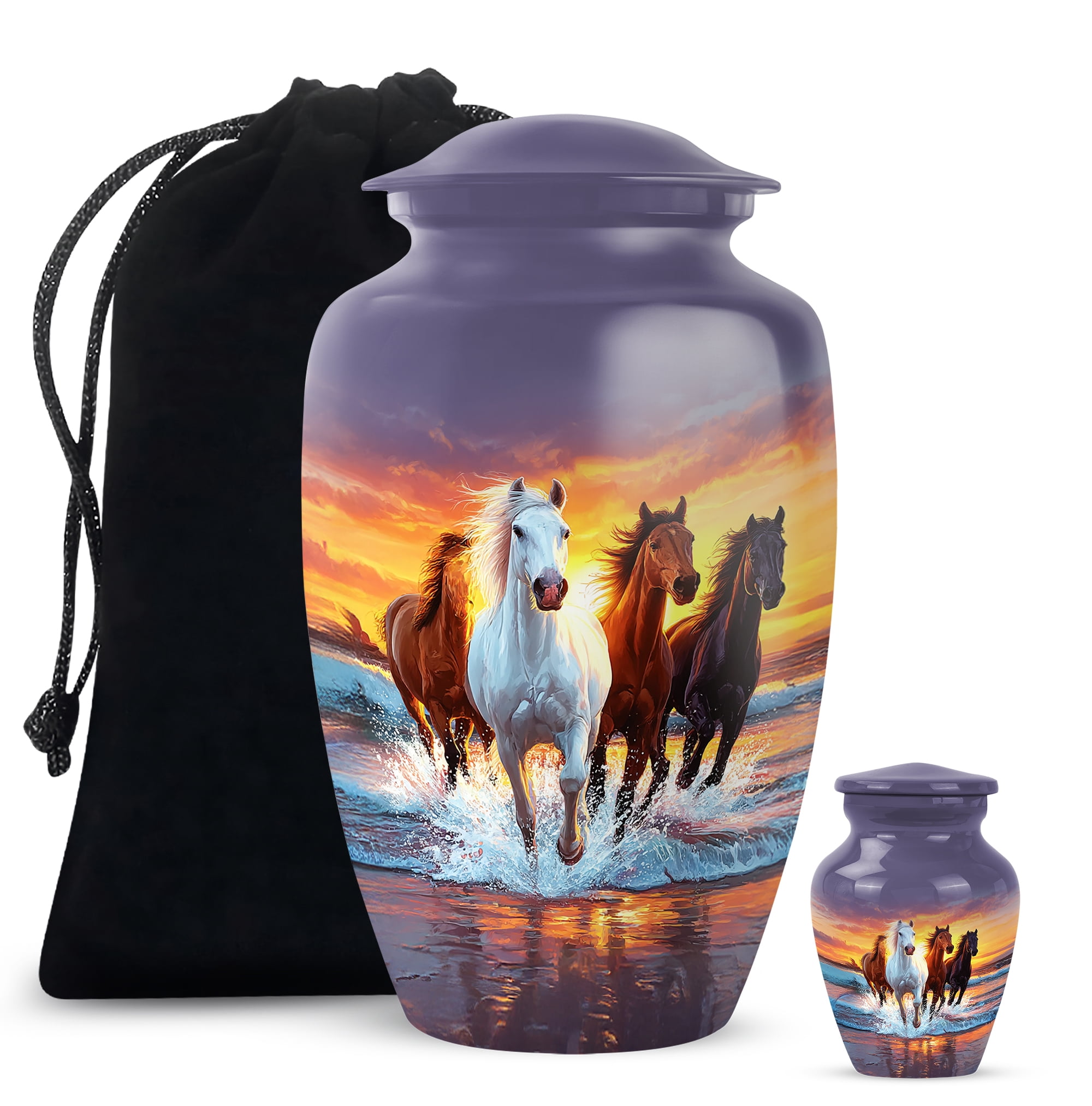 Horse Urns For Human Ashes Adult Man, Cremation Urns For Ashes Adult Male, Mini Sunset Wild Horse Memorial Urn, Small Keepsake Western Funeral Urn (Size 10 Inch 1 Pcs & Size 3 Inch, 1 Pcs)