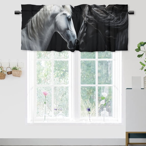 Horse Valance Rod Pocket Window Curtain for Kitchen Black and White Horse Couple Animals Privacy Window Valances for Living Room Kitchen 54 by 18 in, 1 Panel