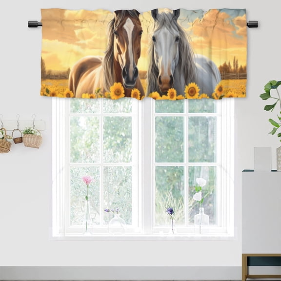 Horse Valance Rod Pocket Window Curtain for Kitchen Farmhouse Animal Sunflower Nature Western Country Window Treatment for Living Room Bedroom Bathroom