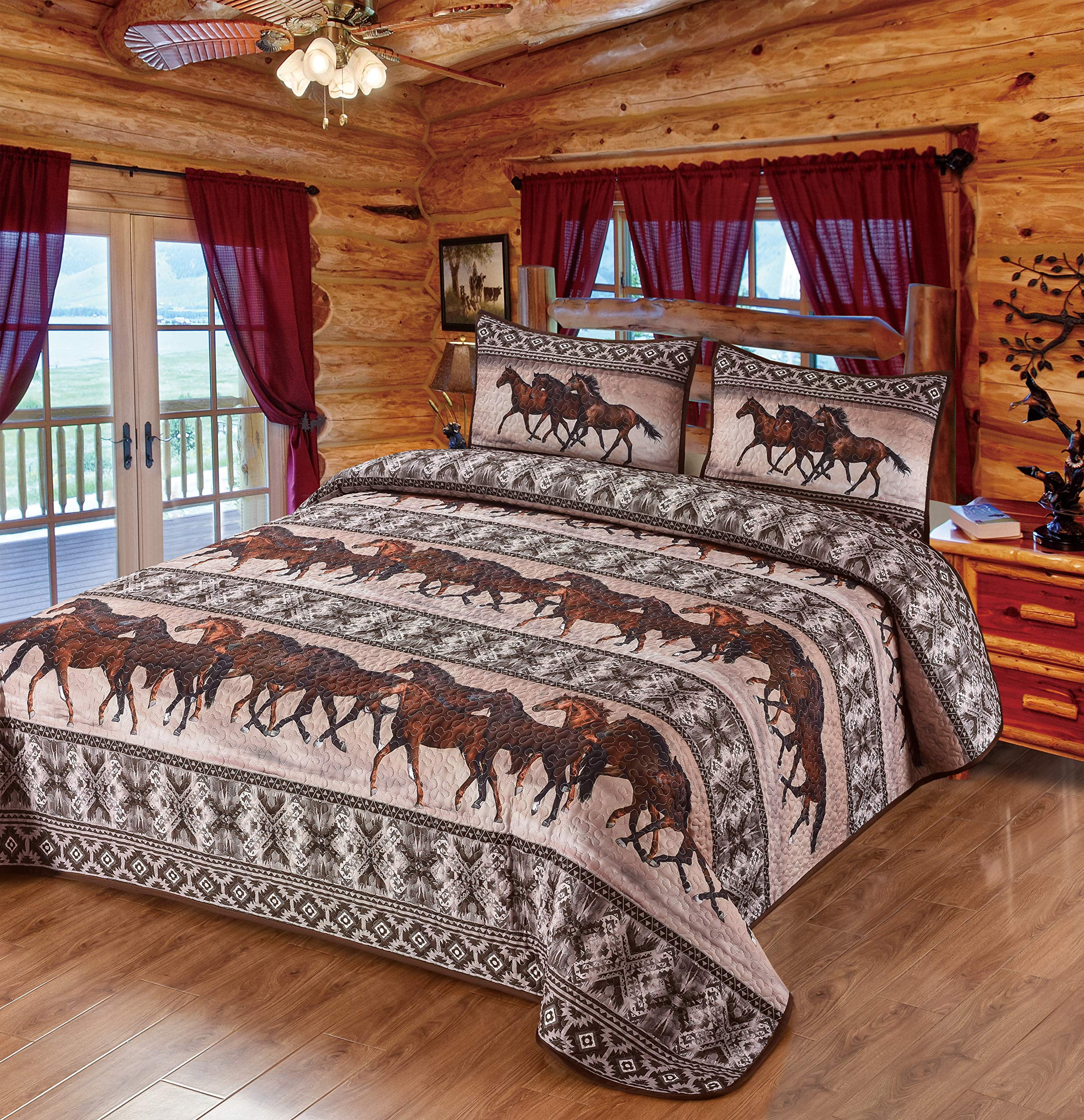 Queen Brown Microfiber Horse Print Quilt Set
