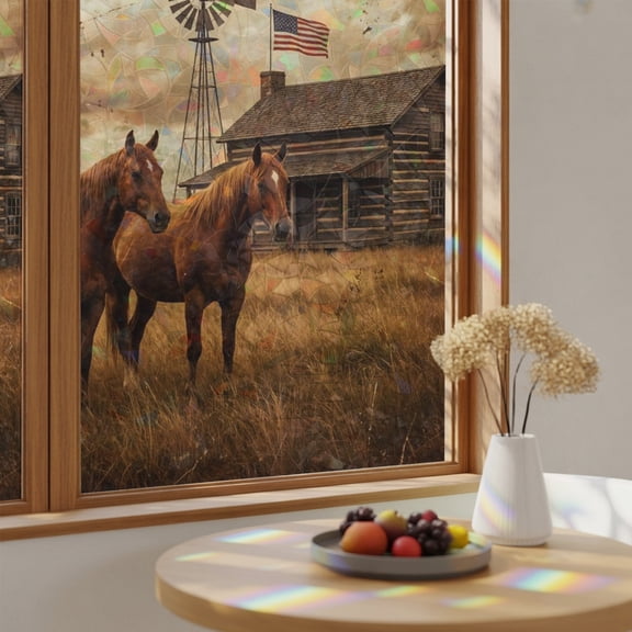 Horse Vintage Farmhouse Barn Window Privacy Film,Heat Control Sun Blocking Static Cling Rainbow Film,Retro Western Country Non-Adhesive Glass Sticker Door Window Tint,19.6" x 39.3"