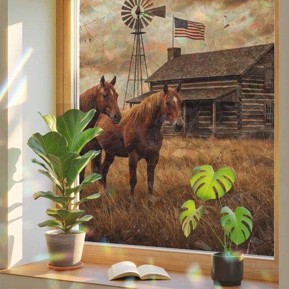 Horse Vintage Farmhouse Barn Window Privacy Film, Rainbow Film Decorative Window Sticker 17.7x39.3in, Retro Western Country Sun Blocking Static Stained Glass Cling Tint Non-Adhesive