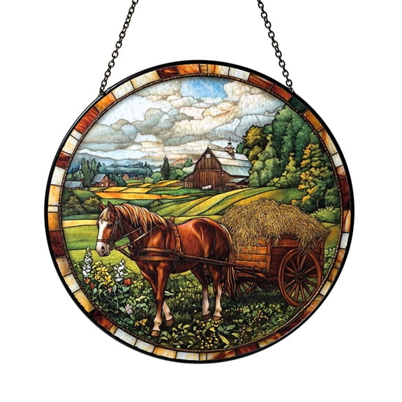 Horse and Wagon Stained Glass Suncatcher Window Hanging Decor, Rural Farm Landscape Art Glass Panel with Hay Cart, Countryside Barn and Fields Design Decorative Window Ornament for Farm Home Gift