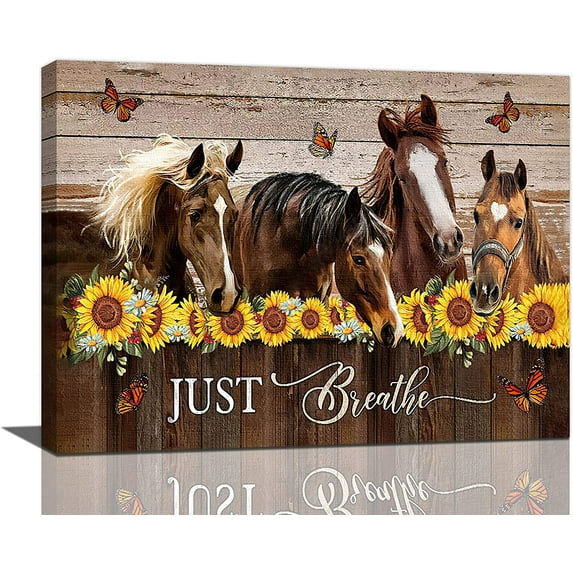Horse Wall Art Farmhouse Horse Pictures Wall Decor Rustic Horse Sunflower Canvas Painting Prints Just Breathe Modern Artwork Home Decoration for Bedroom Bathroom Living Room 16"x12"