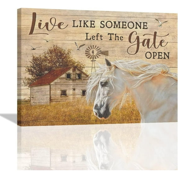 Horse Wall Art Farmhouse Wall Decor White Horse Canvas Prints Rustic Old Barn Pictures Country Windmill Painting Modern Artwork Home Decoration for Bathroom Bedroom Living Room 16"x12"