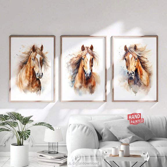 Horse Wall Art Gift Prints, Equestrian Painting Wild Equine Portrait Artwork Printable Poster Rustic Western Decor, Poster Only