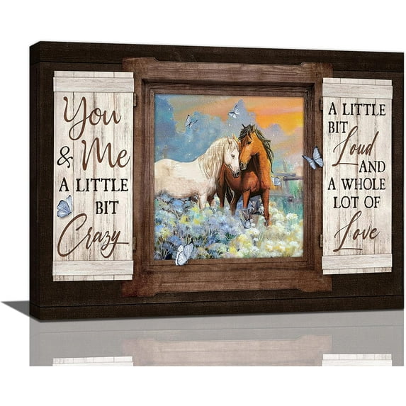 Horse Wall Art Rustic Farm Lover Horses Pictures Wall Decor Country Canvas Painting Farmhouse Window Horses Framed Artwork for Bathroom Bedroom Living Room Ready to Hang 12"x16"