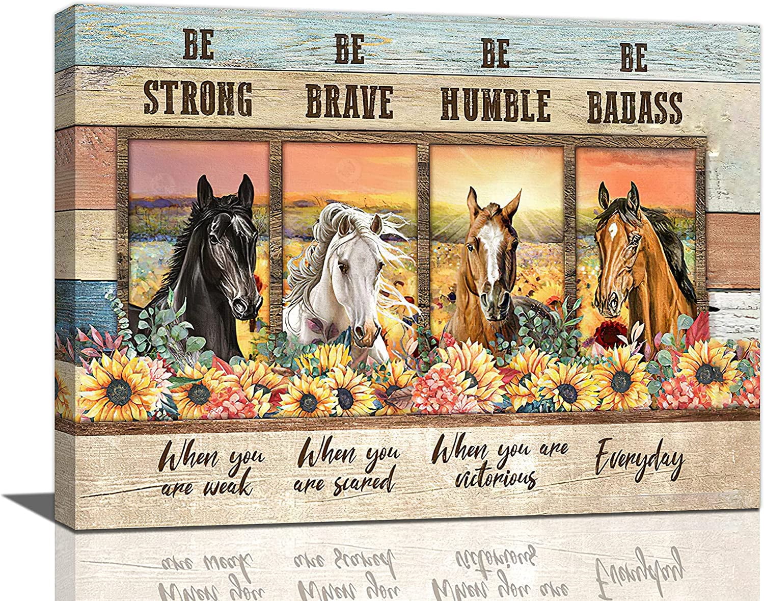 Horse Wall Art Rustic Farmhouse Sunflower Pictures Wall Decor Country Animals Horse Canvas Painting Motivational Artwork for Bedroom Living Room Office Decoration Framed Ready to Hang 12"x16"