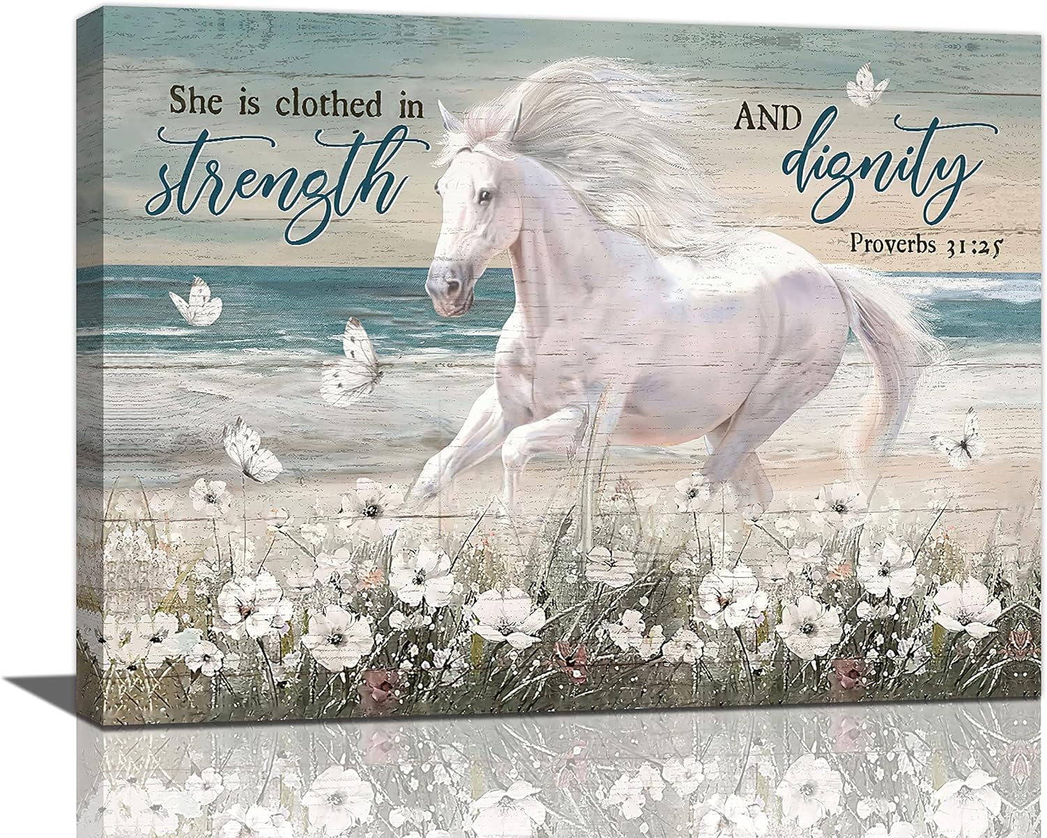 Horse Wall Art White Horse Pictures Wall Decor Christian Scriptures Inspirational Canvas Prints Beach Coastal Flower Field Painting Framed Artwork Decor for Bedroom Bathroom Living Room 12"x16"