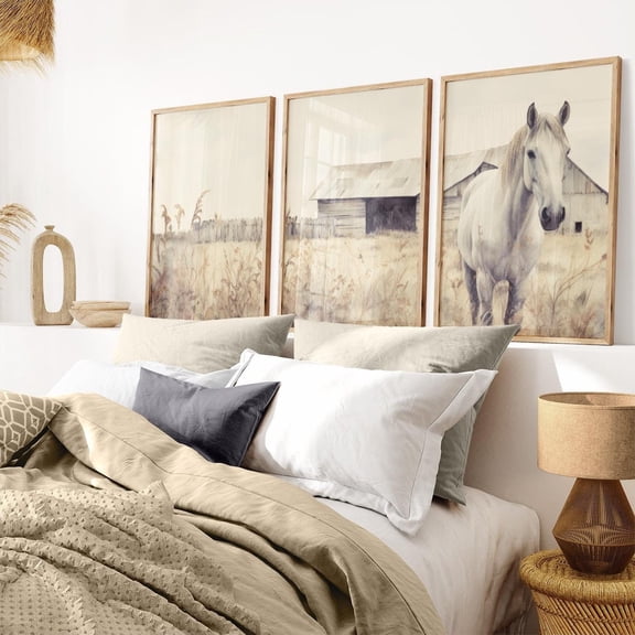 Horse Wall Decor Farmhouse Wall Art Equestrian Home Decor White Horse Print Vintage Horse Set 3 Stretched Canvas 16x24
